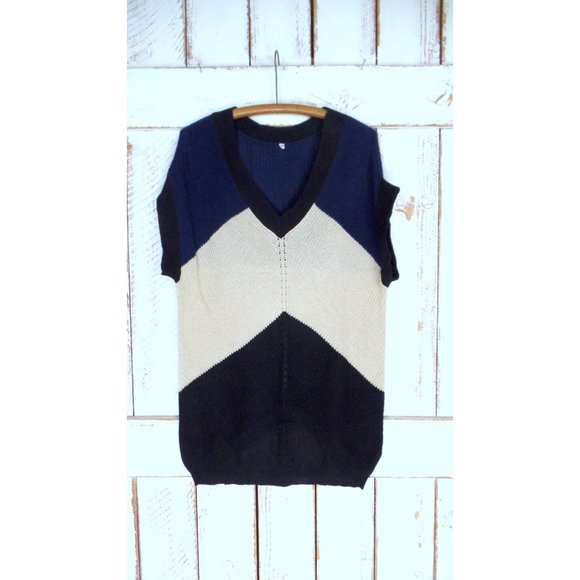 Vintage 90s blue tan black slouchy knit pullover sweater - Picture 3 of 8
